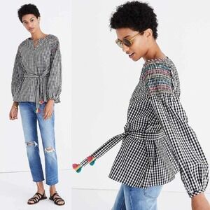 Madewell Boho Black and White Checkered‎ Top with Tie Waist L